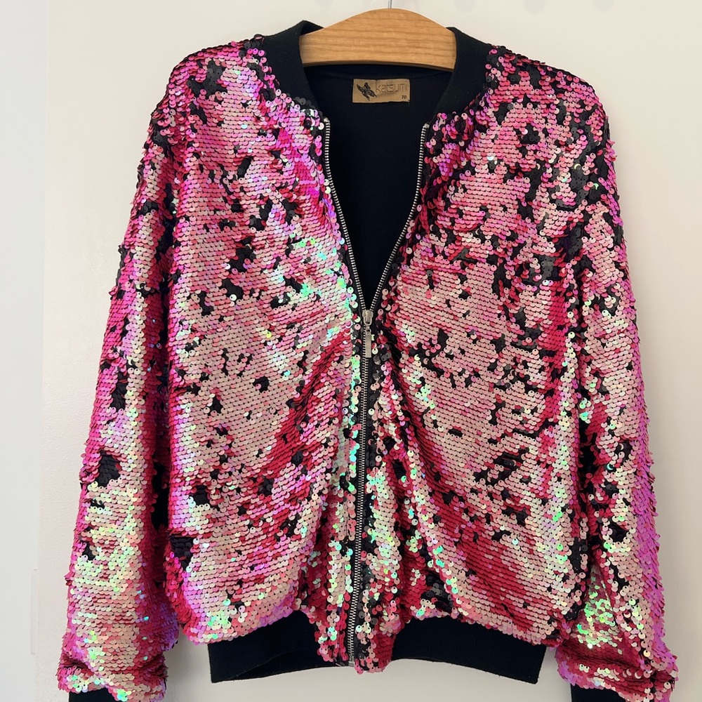 Vibrant Pink Sequin Bomber Jacket *small flaw, noted in the comments, photos